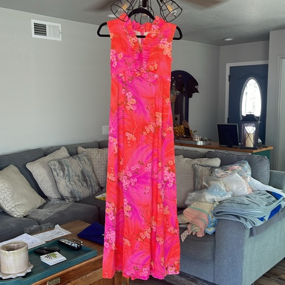 Vintage Dresses & Skirts - VTG Mildred's Hawaii Aloha Dress Barkcloth Dogwood Floral Ruffled Bow 60s 70s